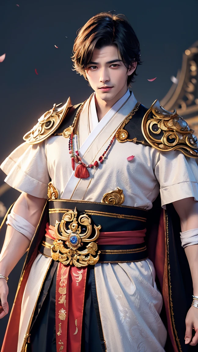 enaissance-style illustration of a handsome man in Sengoku-period attire. The man is elegant with a beautiful face, and the background is colorful with decorative elements to reflect the era.