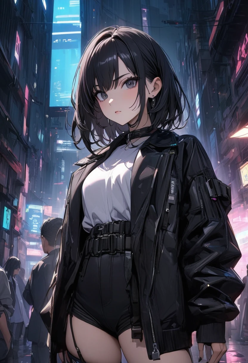 Young girl black hair black eyes cyberpunk high quality masterpiece black suit 