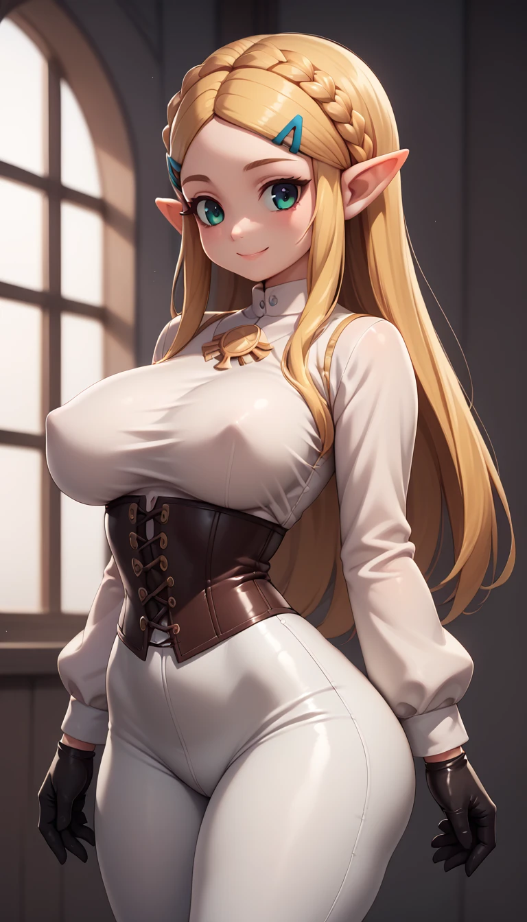 High resolution, Very detailed, perfect lighting, beautiful detailed eyes,   ((masterpiece,Best Quality)), absurdities, alone,     princess zelda, by the width, crown braid, Hair clip, pointy ears, corset azul, long sleeves, Gloves without fingers, black gloves, tight latex pants, smile, curves, nod,   ,  deep neckline, deep neckline, NSFW, visible nipples, tight latex pants, Primer plano frontal, Primer plano frontal, Session 