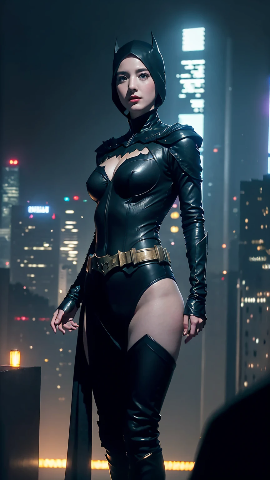 ((masterpiece, Highest quality, High resolution, Realistic, to be born, 8k wallpaper:1.5)),focus on the beautiful face,Standing in a bikini,Maika Monroe Batgirl, (Stand in Honor shot),Pose menacingly towards the camera, Very hot and sexy, Great beauty, Perfect balance, Beautiful body, Slim body beauty: 1.4), Batman standing on a rooftop overlooking the city skyline at night, Gotham city background, nighttime in Gotham city, Gotham city, From the movie Batman, Gotham city double exposure, Gotham city style, Batman film still, metropolis filmic Gotham city, Cyberpunk Batman, Batman movie stills, Batman movie still cinematic, Gotham setting, Batman, Gotham,
