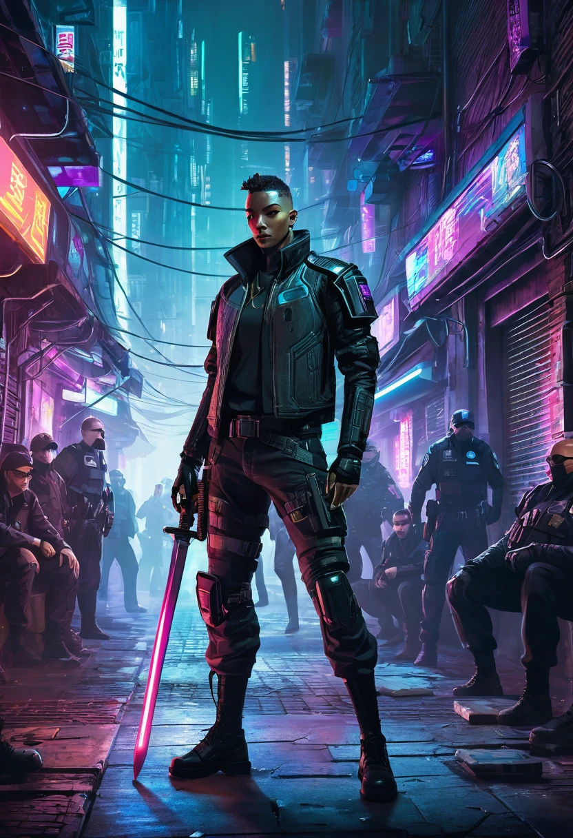 Concept art of a cyberpunk character holding a sword and laser pistol, in the background there is an alleyway filled with police officers surrounded by people.