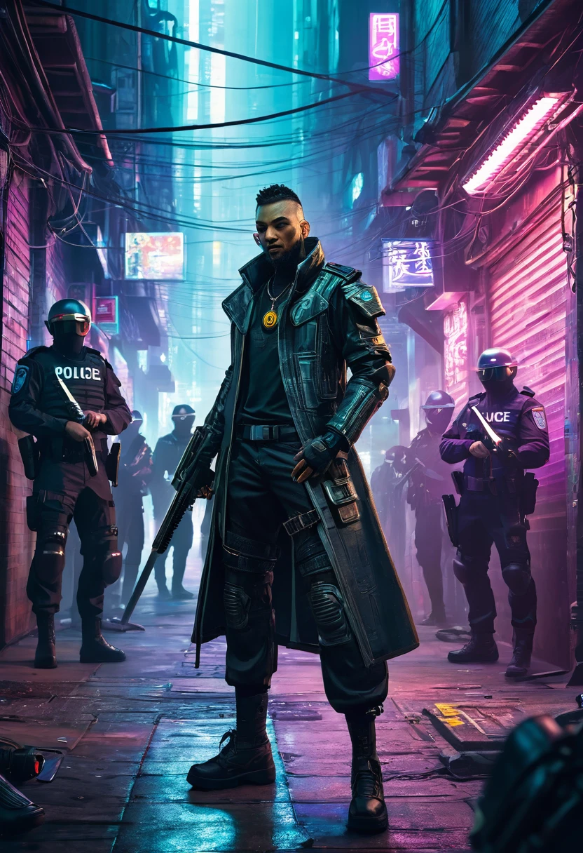 Concept art of a cyberpunk character holding a sword and laser pistol, in the background there is an alleyway filled with police officers surrounded by people. 