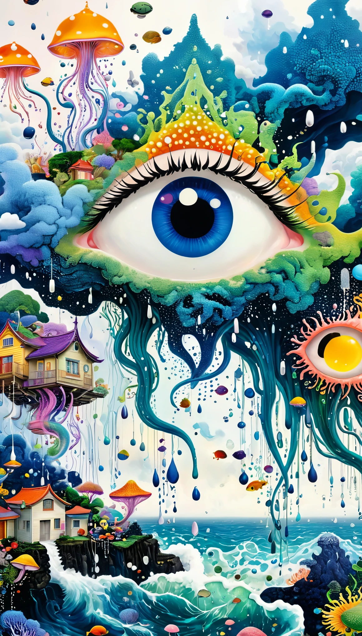 Strong visual fusion of multiple elements,Broto,来自Star的艺术家,Dopamine color scheme,house、Eye、pearl珠帘、pearl、Star、cloud、fish、Spore powder、Ocean、rain、Tentacles,Describing the inner world of autistic people,密集Pointillism method。Smooth lines。interesting,Strange illustration。Pointillism method。Strong contrast。Award-winning works。