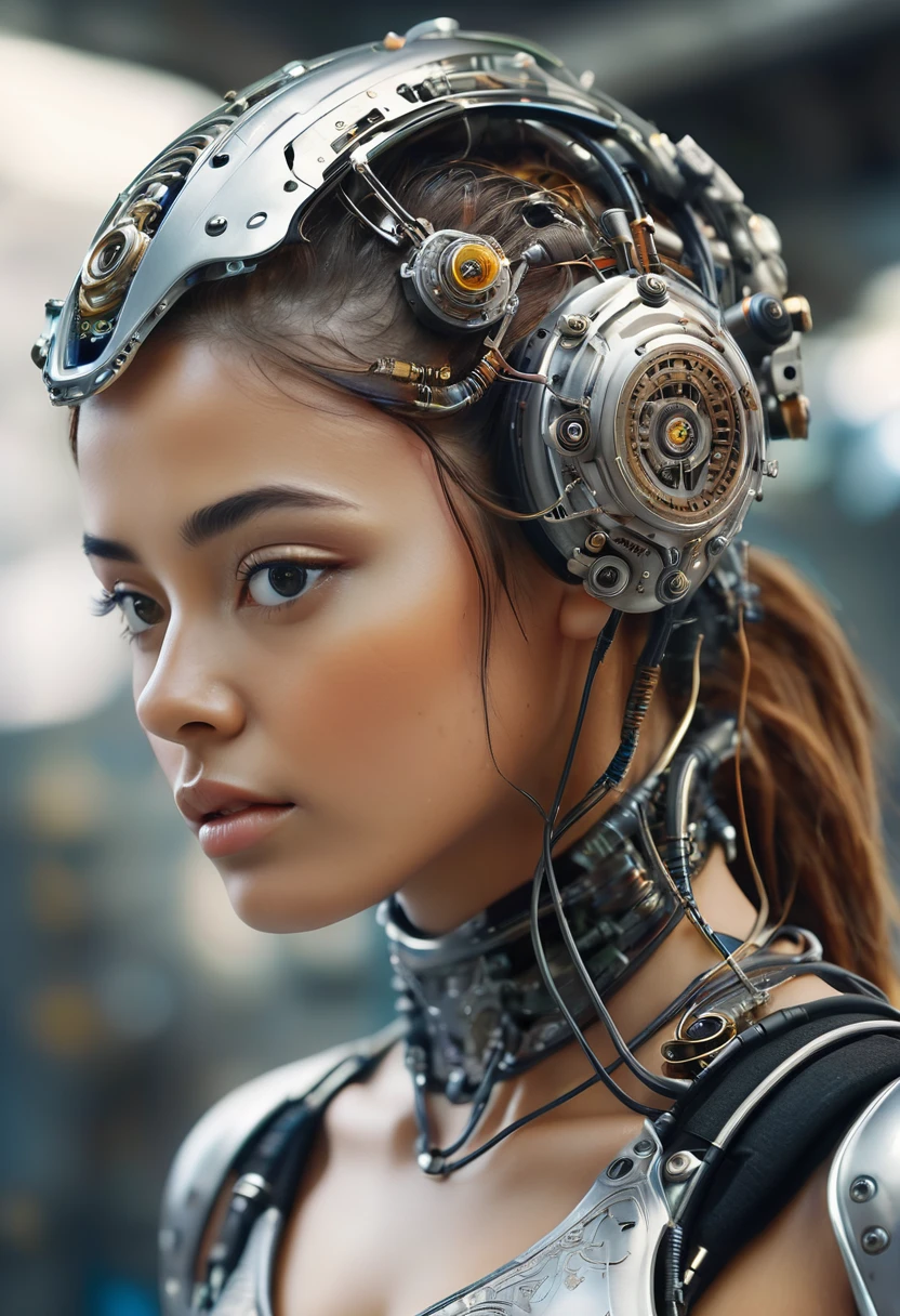 "Highly detailed and close-up image of a young woman with a cybernetic appearance. Captured from sideways. She has an intricate, (futuristic helmet and mechanical components integrated into her head and neck). Her skin shows a realistic texture with slight imperfections and freckles. The background is slightly blurred, focusing attention on her expressive eyes and the detailed machinery, creating a blend of human and technology in a visually stunning sci-fi scene.”