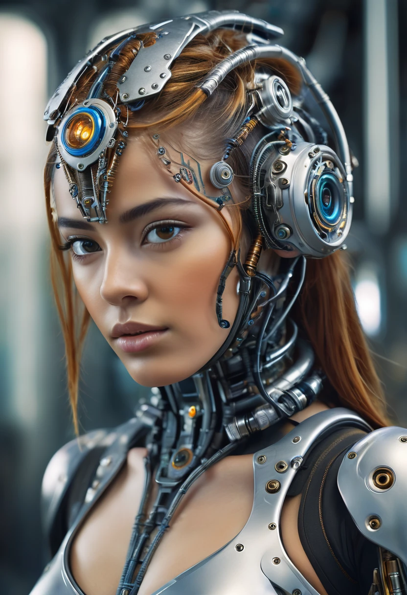 "Highly detailed and close-up image of a young woman with a cybernetic appearance. Captured from sideways. She has an intricate, (futuristic helmet and mechanical components integrated into her head and neck). Her skin shows a realistic texture with slight imperfections and freckles. The background is slightly blurred, focusing attention on her expressive eyes and the detailed machinery, creating a blend of human and technology in a visually stunning sci-fi scene.”