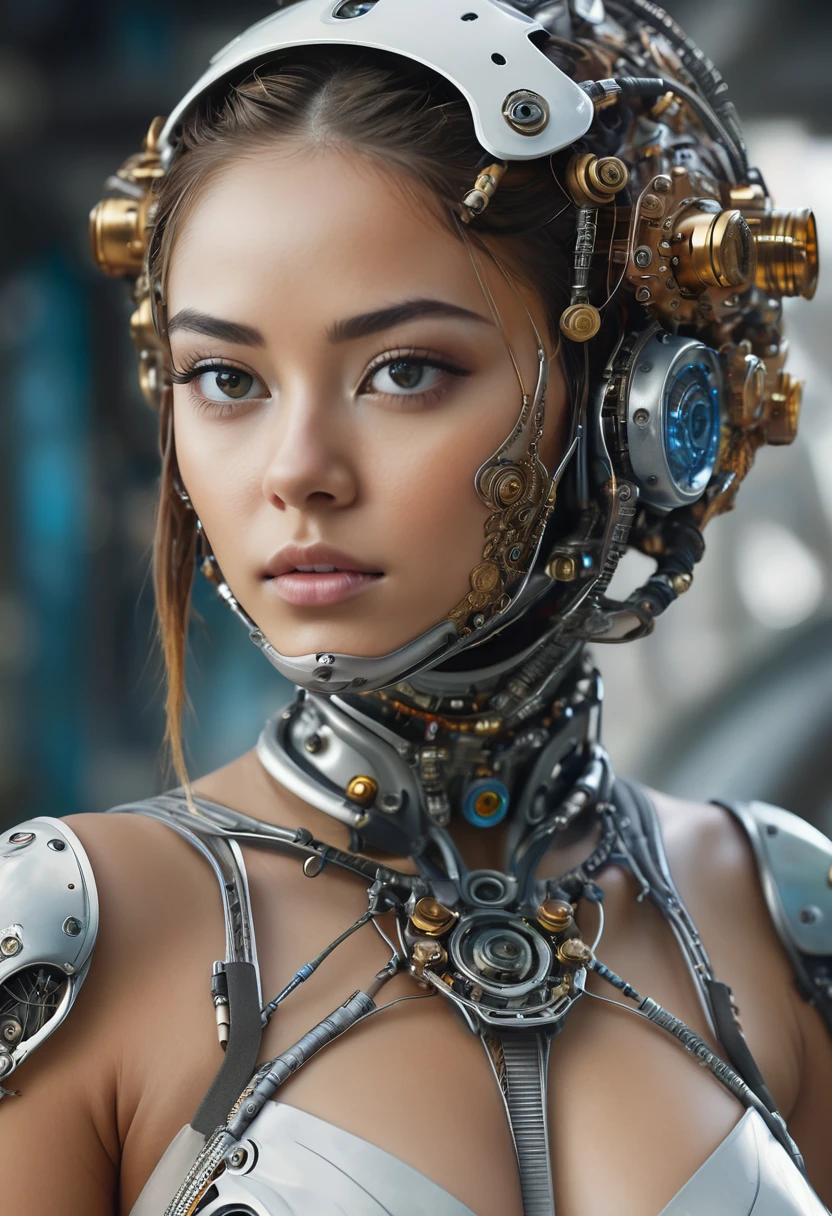 A cyborg girl stands in the center of a large bright studio and is engaged in creating her self-portrait on canvas. She is depicted in all her majestic beauty and elegance. Her metallic skin reflects the light, creating a play of hues and highlights like an expensive piece of jewelry. 

Her long metal hair frames her face, giving her a mysterious and alluring look. Her bright eyes, in which light shimmers, stare straight ahead with confidence and the strain of creative inspiration. 

The cyborg girl is depicted in a graceful pose, showing off her grace and strength as well as the fine workings of her mechanical limbs. Her hands hold brushes and are immersed in the creative process of creating a stunning work of art. 

The outline of the self-portrait she is creating with oil paints is already outlined on the canvas. The drawing begins to come to life under her dexterous fingers, gaining depth and volume, and the coating of color fills the canvas with bright hues and rich colors. 

This entire moment is captured in a gorgeous and amazing scenario that combines the beauty of art, power and technological advancement to make the cyborg girl a unique and inspiring image.