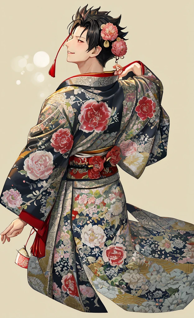 Kuroo from haikyuu, Movie light, fashion, top light, close-up, close-up, spotlight, hazy ,kuroo Kotaro from haikyuu,Strong and masculine body with gorgeous clothing japen, Kuroo from Haikyuu smiled happily. Turning around, the others saw the pattern of the kimono he had received.  Kimono with peony and fan pattern  And he wore ornaments on his head like an oiran.