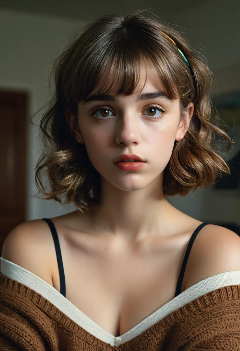 illustration, style of Philip Lorca diCorcia, cinematic film still portrait of young girl aged 18 yrs old, 1girl, solo, Instagram model, athletic figure, perfect lips, modest bust size, deep cleavage, cute face, wearing an off the shoulder brown sweater, wearing jean shorts, light brown hair, short curly hair, crossed bangs, brown eyes, constricted pupils, hair ribbon, hoop earrings, cinematic lighting, Ultra-Wide Angle, Canon, Hyperrealism, UHD, masterpiece, textured skin, high details, best quality, detailed eyes, detailed iris