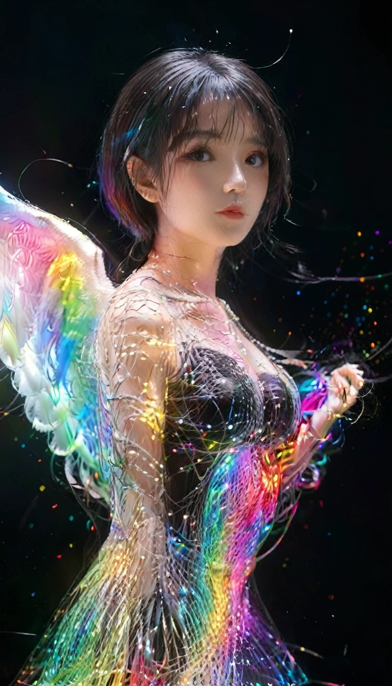 Ultra-Realistic Capture,18k,RAW Photos,Highest quality,masterpiece,reality,Very detailed,Very beautiful woman,Glass Skin,Automata,18-year-old ,Model body type,LED,Very long transparent dress made of light particles,Very detailedな電子機器の骨格,A lot of connecting lines,Rainbow colors,(Very long LED hair),Black background,Angel,Wings made of connecting wires,Raise the middle finger,stick out tongue,