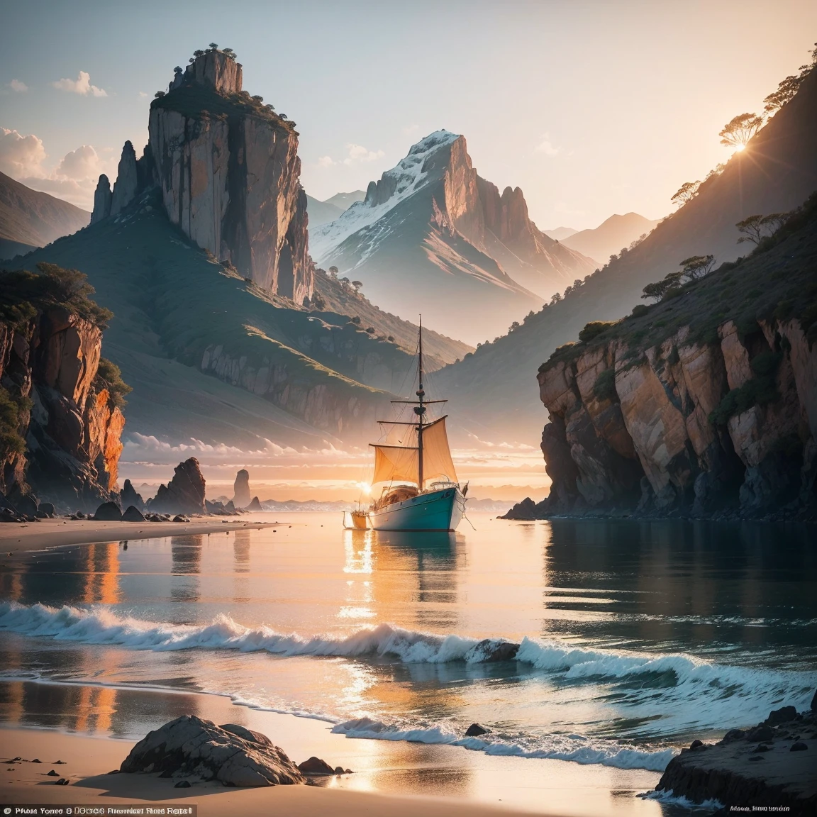 Winner of the award for best photography of the year, (the scene captures with extreme clarity, color and texture) a Turquoise Coast of Baja California, capturing the essence of a serene Mexican Panga boat anchored in the golden sand of a picturesque beach. The boat's awning extends across the side view, while fishing rods and palapas dot the landscape. Rock formations rise from the shore, with people scattered, blending harmoniously in the distance. ((Soft pinkish-orange tones blend with the sky)), reminiscent of the magic hour when the sun hides behind the horizon. The rule of thirds composition places the ship at the intersection of two diagonals, drawing the viewer's attention to the tranquil scene. The brushwork is textured and realistic, evoking the style of artists such as Aytek Cetin, Max Rive, Tanmay Sapkal, Andrea Zappia and Daniel Gerhartz.