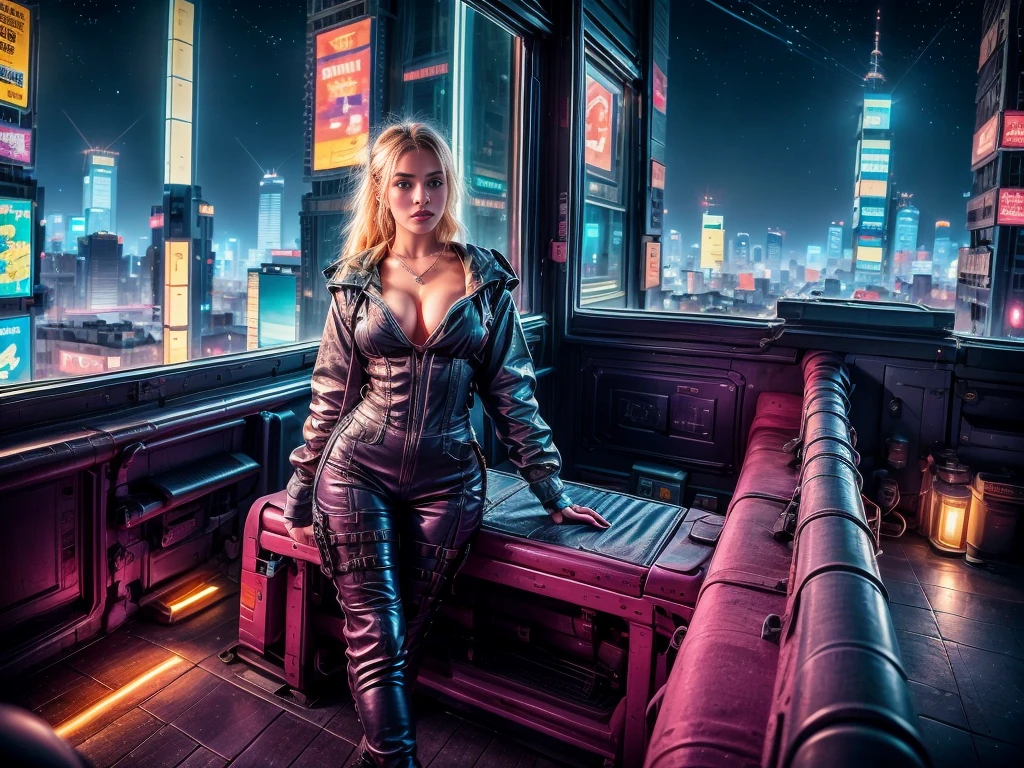 A beautiful European girl, on the roof of cyberpunk building, neon, serious face, wearing purple medieval dress, jewelry, cleavage, full body. She is 24 years old, has blond ponytails and blue eyes. Her cloth is stylish and her overall appearance is stunning. The girl's face is extremely detailed with beautifully detailed lips. Her skin is anatomically correct with realistic textures. The image should have super high details and be of the best quality, with a resolution of 8K. The final result should be a masterpiece, showcasing the girl's beauty and the vibrant atmosphere of The neon cyberpunk city and the night