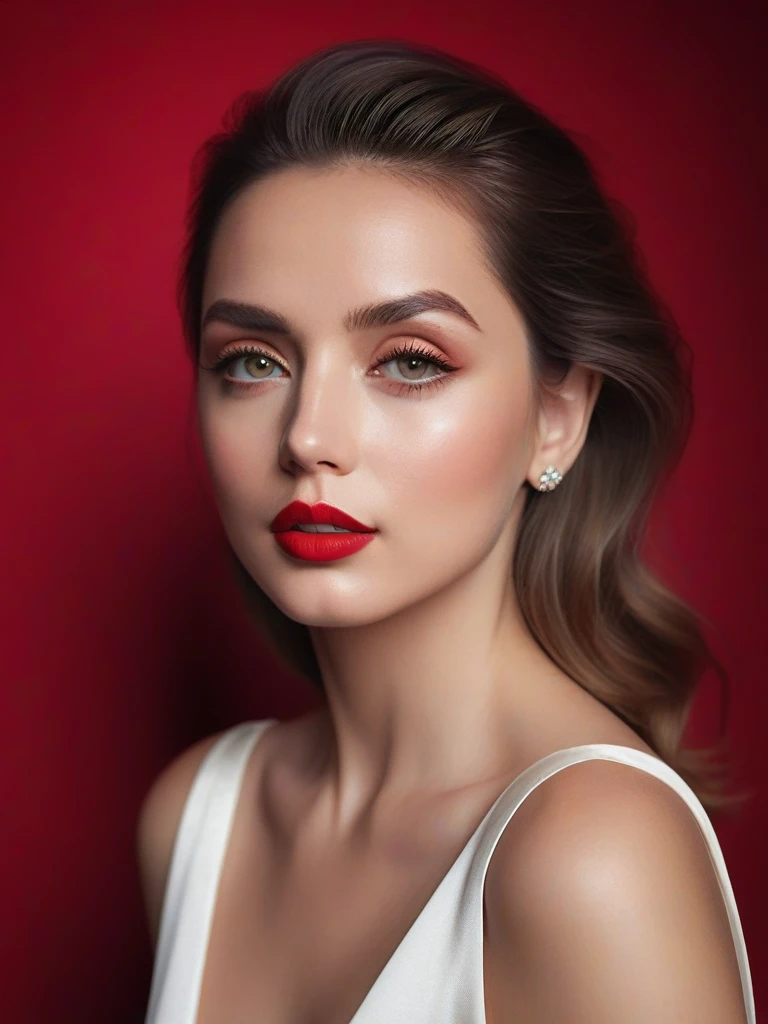 (best quality,4k,8k,highres,masterpiece:1.2),ultra-detailed,(realistic,photorealistic,photo-realistic:1.37),beautiful eyes,beautiful lips,detailed face,red lipstick,gorgeous woman,white dress,elegant fashion model,elegant look,long eyelashes,confident expression,flawless skin,posing gracefully,flowing fabric, red soft and silky material,graceful movement,vibrant colors,artistic lighting,studio photo shoot, dreamy atmosphere, all read background