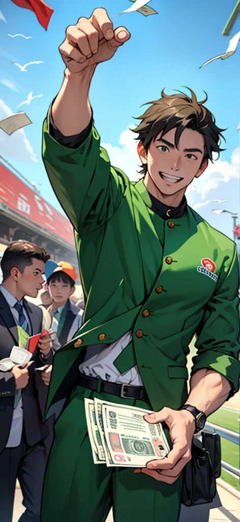 A man wearing green clothes is happy with a large amount of money after winning the jackpot at the racetrack。Holding a ticket in both hands。There is a horse in the background、A large amount of bills are flying around。Make it crazy and insane.。