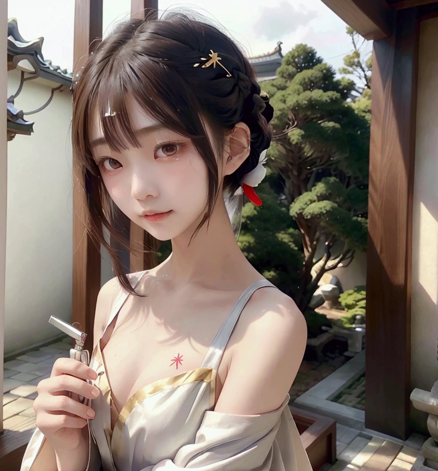 A Japanese female priest、The costume is mainly white with red lines running down the shoulders.、Sideways、Holding a pair of silver sewing scissors、Gold hair ornament on the back of the head、Dark brown hair、Straight Long Hair、In the temple grounds、Upper body close-up