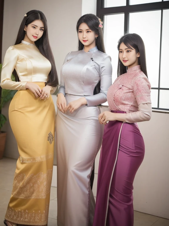 Three Myanmar girls compete with long hair and charismatic beauty owners / smiles, as well as /high hips/a few waists / traditional dresses Clean clothing/sealed silk reflected / decorated silk / artificial / clear maximum image/3D HD
