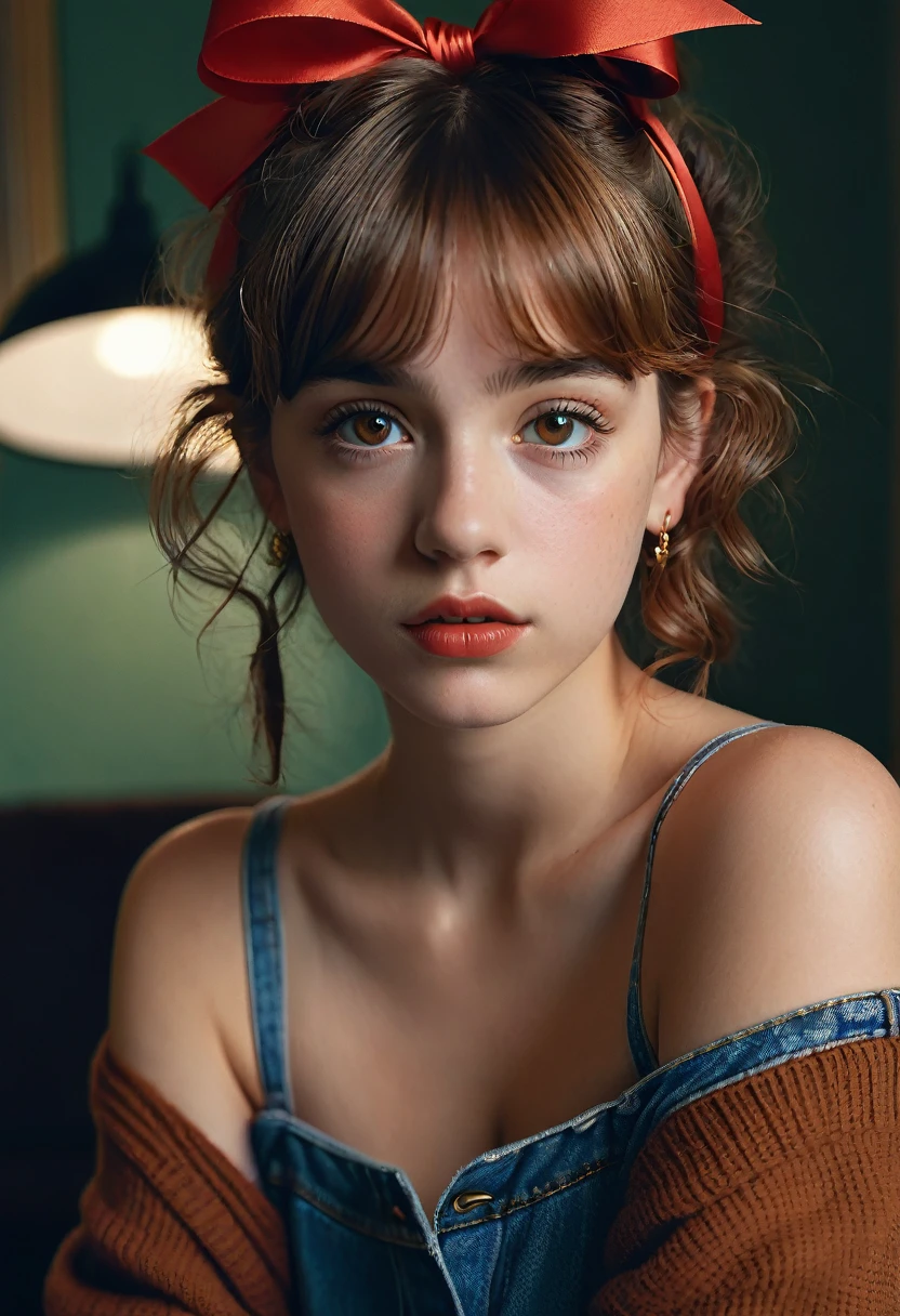 illustration, style of Philip Lorca diCorcia, cinematic film still portrait of young girl aged 18 yrs old, 1girl, solo, Instagram model, athletic figure, perfect lips, modest bust size, deep cleavage, cute face, wearing an off the shoulder brown sweater, wearing jean shorts, red hair, short curly hair, crossed bangs, brown eyes, constricted pupils, hair ribbon, hoop earrings, cinematic lighting, Ultra-Wide Angle, Canon, Hyperrealism, UHD, masterpiece, textured skin, high details, best quality, detailed eyes, detailed iris