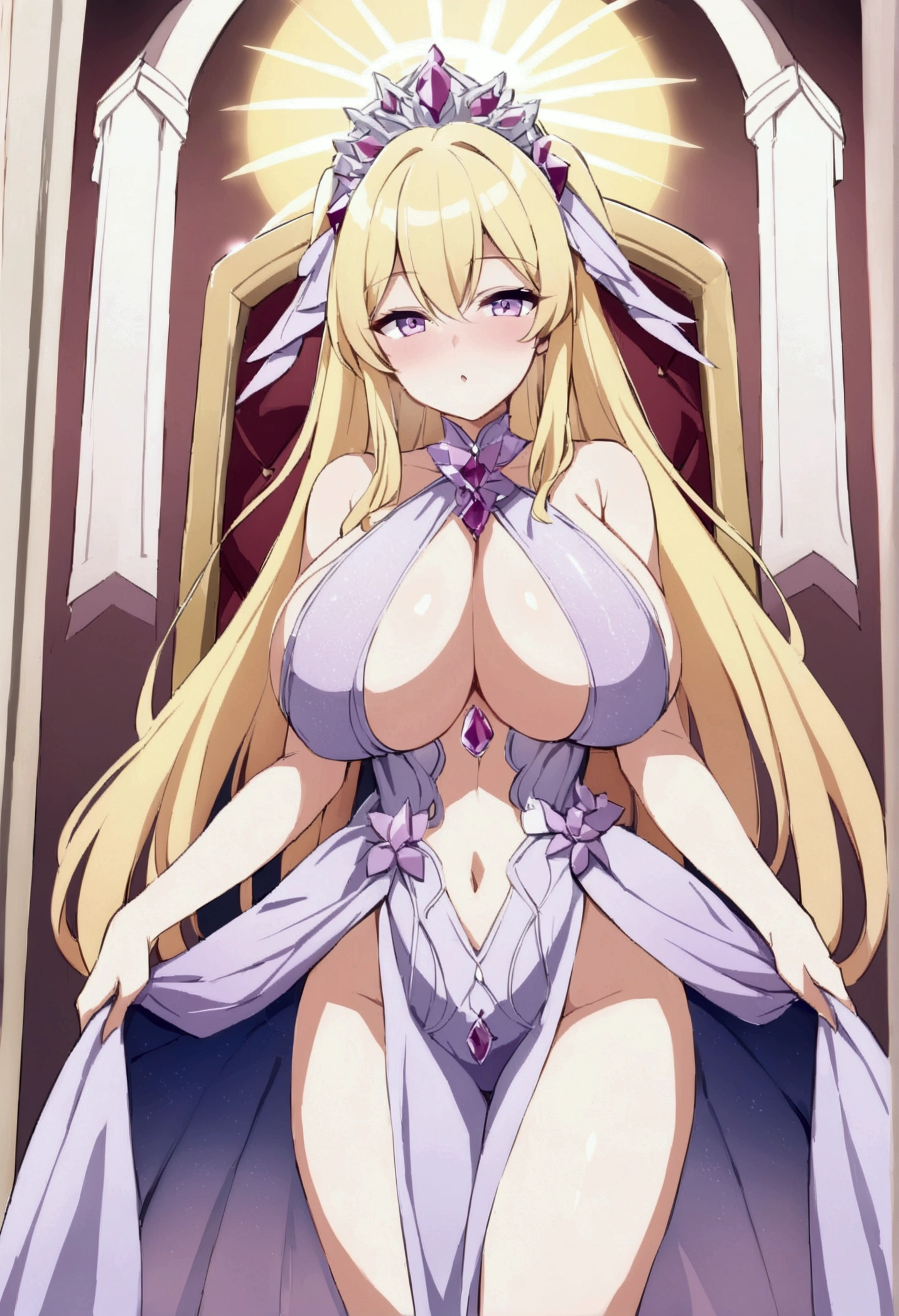 Cristalina, , long blonde hair, light lilac eyes, huge breasts, wearing a sexy lilac crystal dress, standing in the throne room while waiting for someone to come..hentai