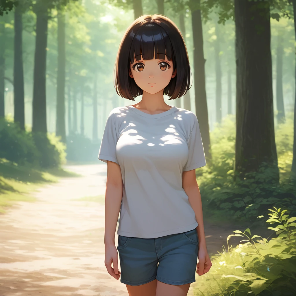 score_9,score_8_up,score_7_up,masterpiece,best quality, source anime, realistic, super detailed, extreme detailed, rating_safe,
1girl, walking, cowboy shot,
BREAK girl, 22yo, short hair, bob cut, (blunt bangs), black hair, (tareme, detailed cute brown eyes), curled eyelashes, (large breasts:0.9),
shiny hair, beautiful detailed eyes, beautiful face,
plain t-shirt, shorts, outdoors, forest, (sunlight filtering through trees, dappled light:1.2),