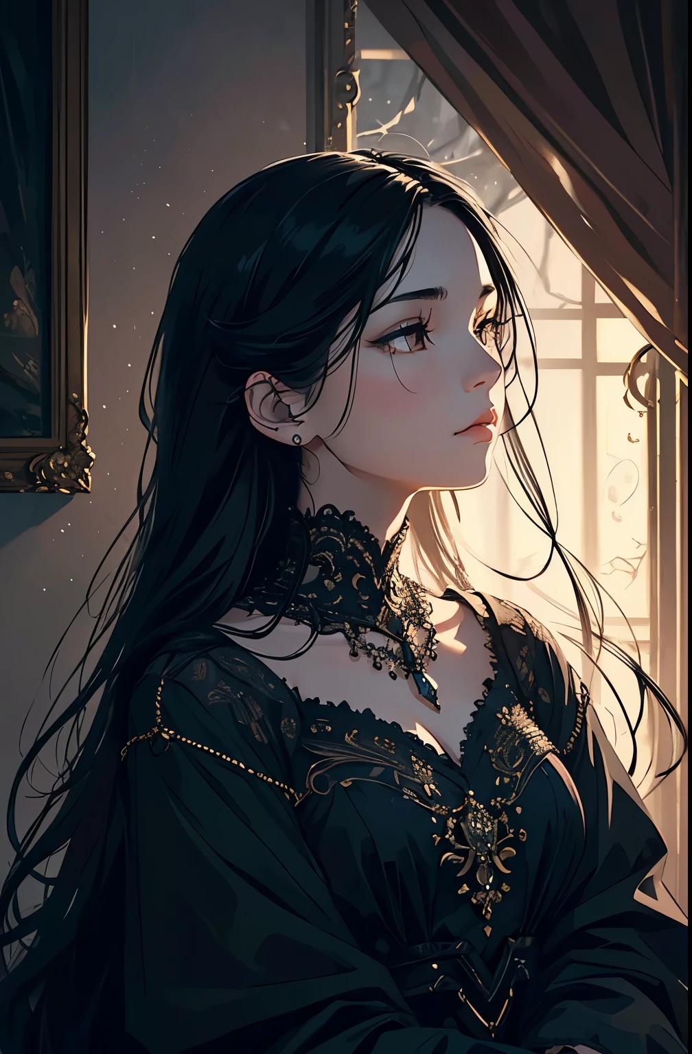 a beautiful young woman with long black hair, detailed face, piercing eyes, wearing jewelry, resting alone, intricate detailed portrait, ethereal atmospheric lighting, highly detailed, photorealistic, chiaroscuro lighting, dramatic lighting, cinematic, moody, serene, melancholic