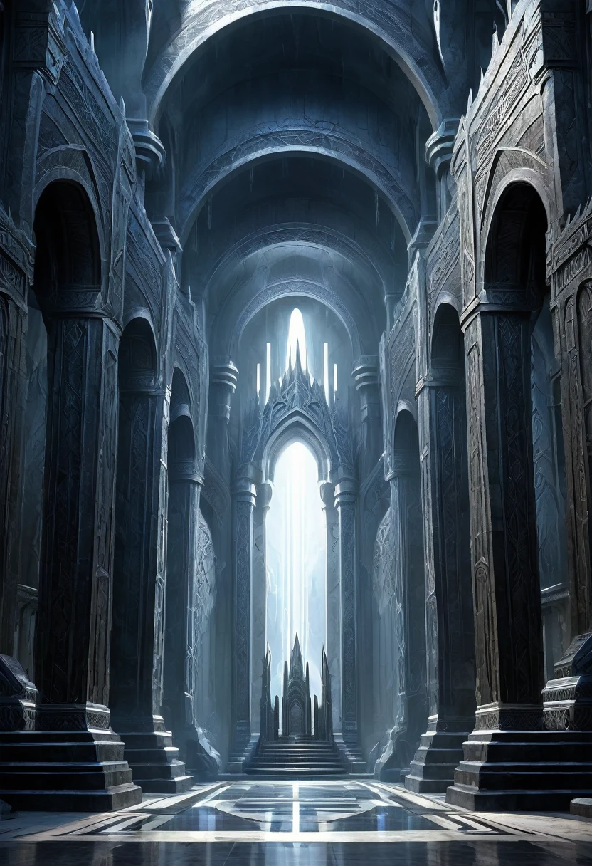 halls of the mountain king, high cealing, long throne room, dwarven fantasy architecture, erabor, khazad dum, moria, wide pillars, in the background there is a lone throne, art deco, cold