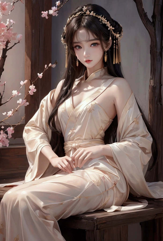 Best image quality、8k、masterpiece:1.3))、Realistic high-quality photos、Highest quality、 Beautiful face、Photos of slim models、Beautiful girl model、Young and pretty face、Beautiful model girl、A lovely and delicate face、Black Hair、Beautiful brown eyes、Young Body、Hanfu, (emphasize)、from the front、Camera gaze,、Anatomically correct、胸の谷間をemphasize、whole body、13-year-old female model