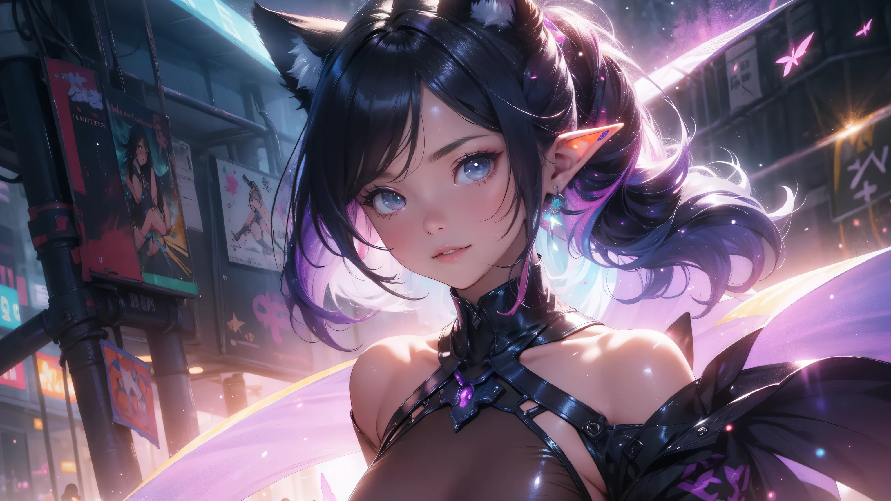 naked, nude, no clothes, cute face, extreme abs, cute face, extreme abs, rainbow hair, intricate details, city, cyberpunk, lightning, cityscape, smiling, long hair, beautiful girl, jewlery, neon green hair, cat ears, highly-detailed, perfect face, naked, nude, no clothes, purple eyes, lips, raining, tall, make up, zero gravity, planets space glowing powerballs, cosmic fuzzy style, zero gravity, magical ribbons, power display,cyberpunk outfit, s, jewlery, quantum balls of power and light, detailed, fractal sky, lightning,