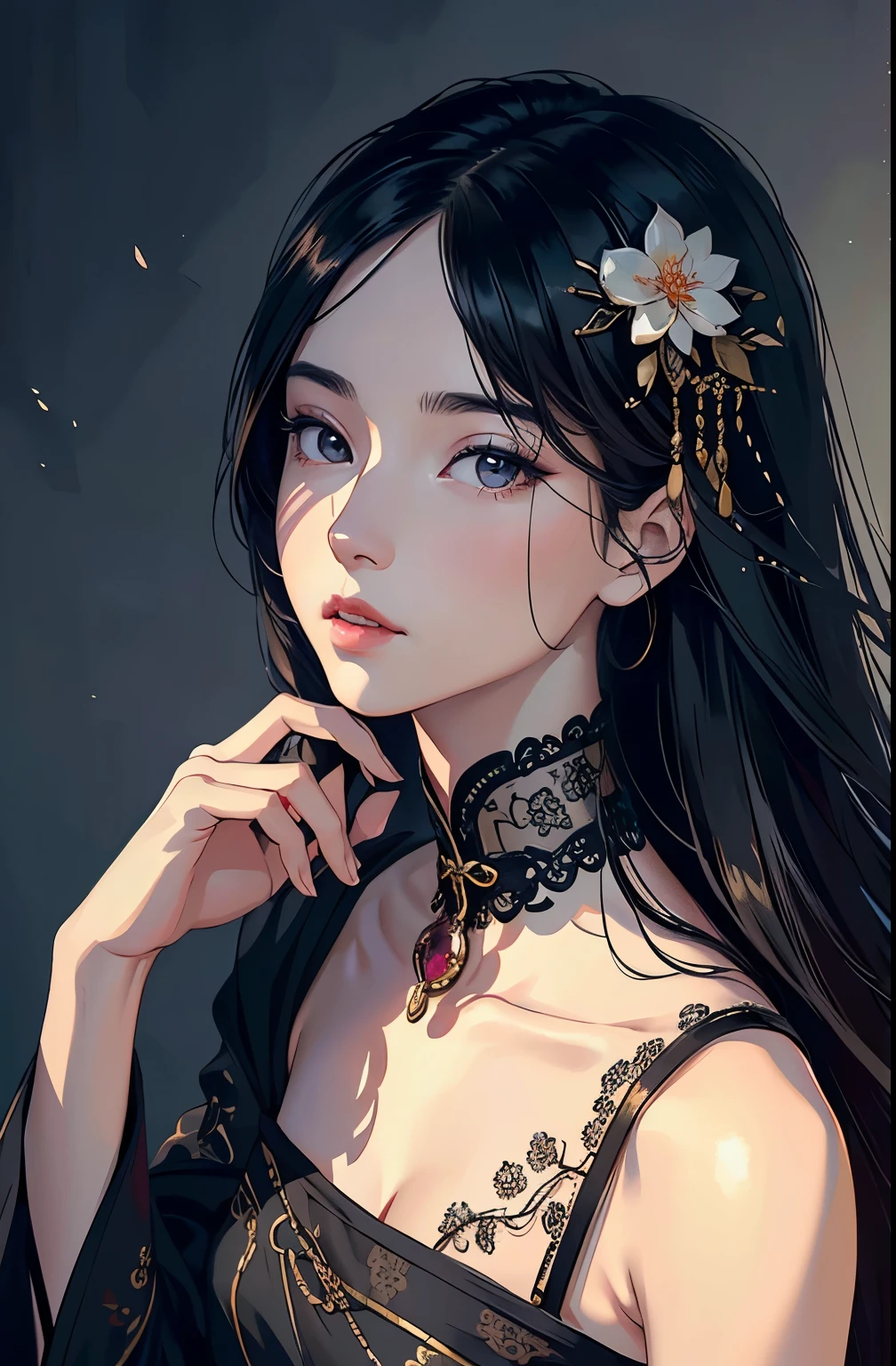 a beautiful young chinese woman with long black hair, detailed eyes, delicate facial features, resting alone in a serene artistic setting, wearing intricate jewelry, (best quality,4k,8k,highres,masterpiece:1.2),ultra-detailed,(realistic,photorealistic,photo-realistic:1.37),detailed portrait,intricate jewelry,beautiful detailed eyes,beautiful detailed lips,extremely detailed eyes and face,longeyelashes,solitude,chinese,oriental,high fashion,luxury,precious gems,moody lighting,dramatic shadows,oil painting