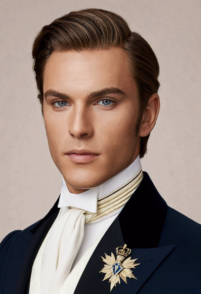 Prince of Monaco in Victorian times aged 29 with a.face: He has a sculpted face with defined features, a strong and well defined jaw, and high cheekbones that give it an air of nobility and distinction.
eyes: His eyes are deep blue or emerald green., with a penetrating and intense look that reflects intelligence and determination. Her eyelashes are long and dark, accentuating your look.
hair: His hair is dark, thick and wavy, elegant hairstyle, often in a classic style that reinforces its regal air. 
Complexion: He has white, well-groomed skin., with a healthy shine that highlights your youth and vitality.
Height and Body: He is tall and well proportioned, with an upright and majestic posture. His figure is athletic, but it also has an air of refinement and grace that embodies both strength and elegance.
outfit: He wears a luxurious Victorian suit. He prefers colors like navy blue.,  and their suits are decorated with family insignia and medals that reflect their status and achievements. I want him in a Victorian suit from 1848