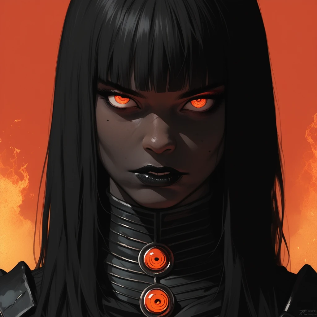 (score_9, score_8_up), score_7_up, zPDXL, Asian, thick, realistic, textures, 8K, Long straight hair, straight bangs volcanic lava hair, black lipstick, volcanic magma  outfit, Dark black skin, textures, 8K, SFW, Volcanic background, film grain, cowboy shot sinozick style, Looking at the viewer