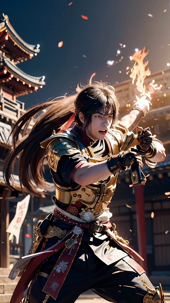 Honnoji Temple battle scene。It depicts a fierce battle、Mori Ranmaru fighting to protect Nobunaga。As the warriors fight、Ranmaru is depicted as being particularly prominent.。In the background, sparks fly and chaos ensues.。