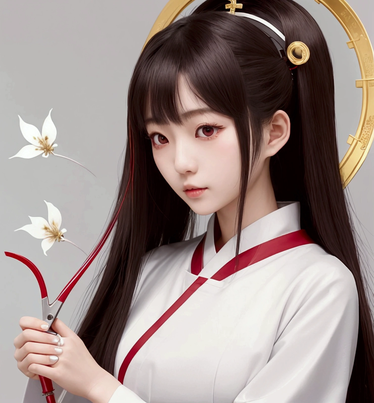 A Japanese female priest、The costume is mainly white with red lines running down the shoulders.、Sideways、Holding a pair of silver sewing scissors、Gold hair ornament on the back of the head、Dark brown hair、Straight Long Hair、In the temple grounds、Upper body close-up