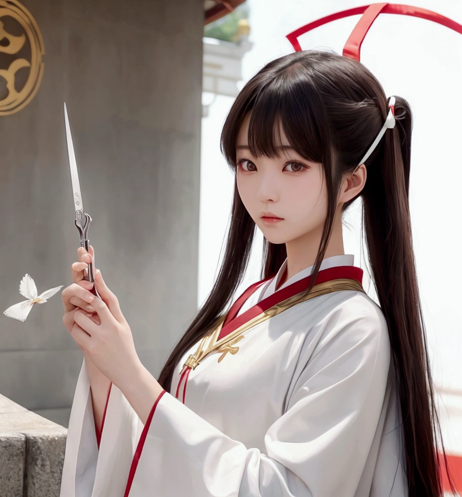 A Japanese female priest、The costume is mainly white with red lines running down the shoulders.、Sideways、Holding a pair of silver sewing scissors、Gold hair ornament on the back of the head、Dark brown hair、Straight Long Hair、In the temple grounds、Upper body close-up