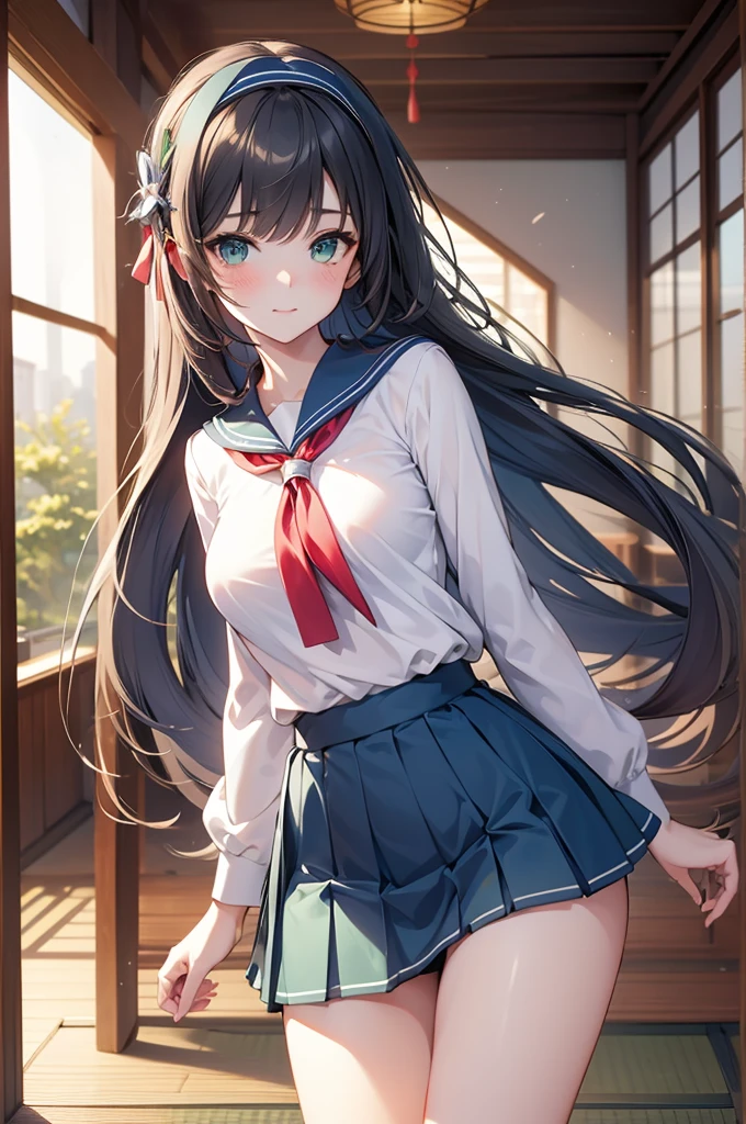 Highly detailed, high quality, masterpiece, beautiful, (all photo shooting), student girl girl, perfect eyes, green eyes, light eyes, blushing face, happy face, big thighs, with headband, medium chest, long hair, hair blue, sexy, short skirt, shows full panties, half naked, background image in a modern hall in Japan with a sailor uniform