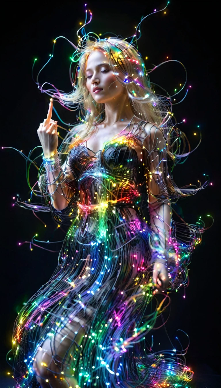 Ultra-Realistic Capture,18k,RAW Photos,Highest quality,masterpiece,reality,Very detailed,Very beautiful woman,Faces depicted in detail,Shiny skin,Automata,18-year-old ,Model body type,LED,Very long transparent dress made of light particles,Very detailedな電子機器の骨格,A lot of connecting lines,Rainbow colors,(Very long LED hair),Black background,Angel,Wings made of connecting wires,Raise the middle finger,stick out tongue,photo realistic,