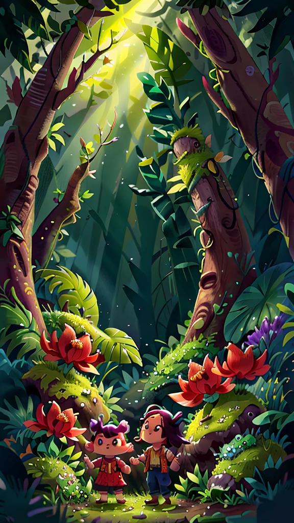 The brightly lit forest is full of orchids， walking