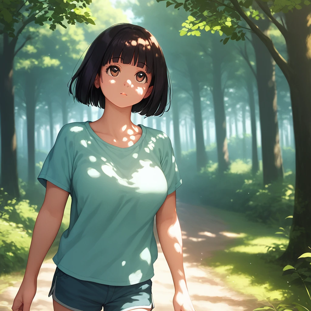 score_9,score_8_up,score_7_up,masterpiece,best quality, source anime, realistic, super detailed, extreme detailed, rating_safe,
1girl, walking, looking up, cowboy shot,
BREAK girl, 22yo, short hair, bob cut, (blunt bangs), black hair, (tareme, detailed cute brown eyes), curled eyelashes, (large breasts:0.9),
shiny hair, beautiful detailed eyes, beautiful face,
plain t-shirt, shorts, outdoors, forest, (shade, dim, sunlight filtering through trees, dappled light:1.2),