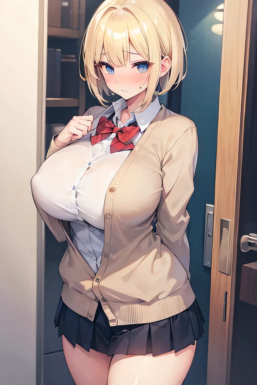 woman, Blonde, short bob hair, big breasts, uniform, cardigan, Blushing, embarrassed