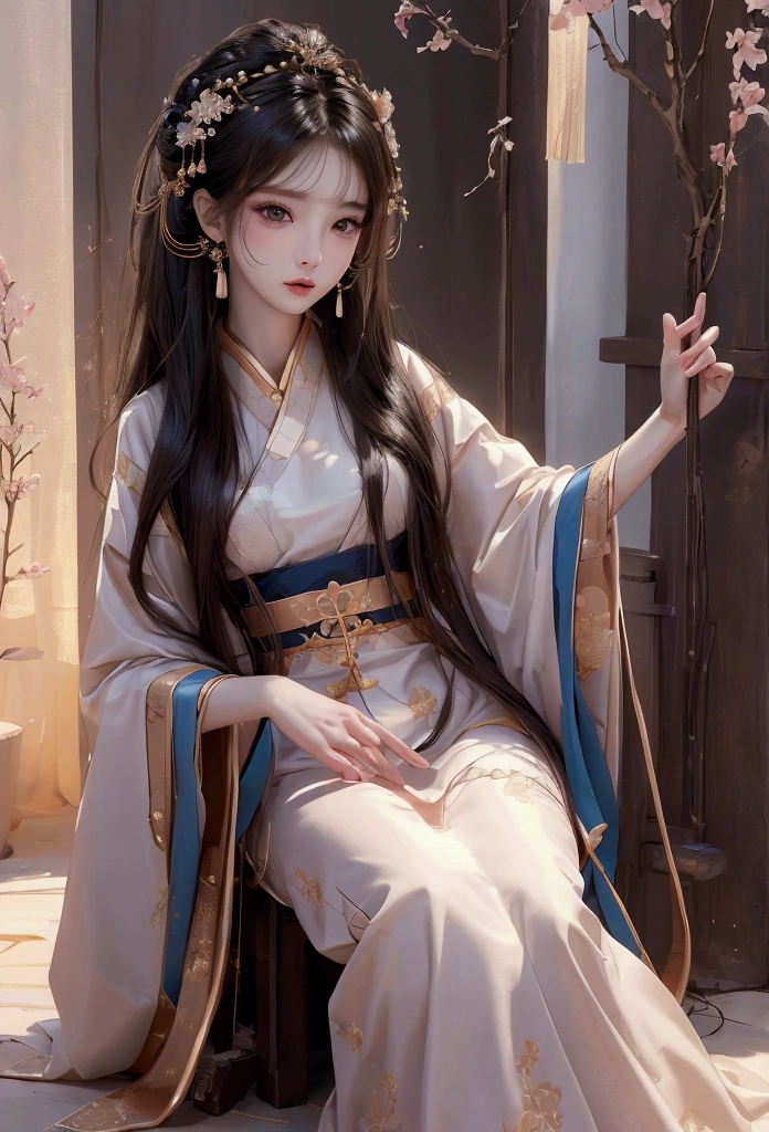 Best image quality、8k、masterpiece:1.3))、Realistic high-quality photos、Highest quality、 Beautiful face、Photos of slim models、Beautiful girl model、Young and pretty face、Beautiful model girl、A lovely and delicate face、Black Hair、Beautiful brown eyes、Young Body、Hanfu, (emphasize)、from the front、Camera gaze,、Anatomically correct、胸の谷間をemphasize、whole body、13-year-old female model