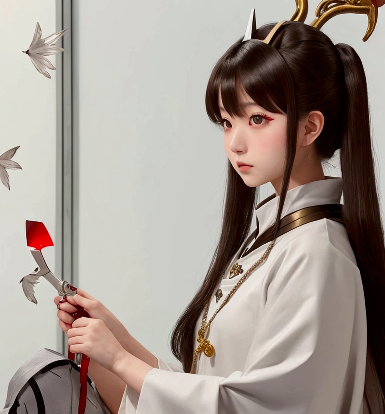 A Japanese female priest、The costume is mainly white with red lines running down the shoulders.、Sideways、Holding a pair of silver sewing scissors、Gold hair ornament on the back of the head、Dark brown hair、Straight Long Hair、In the temple grounds、Upper body close-up