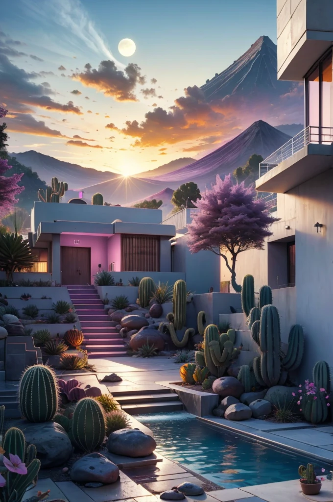 Multiple houses, brutalism style, Luis Barragán, Mountains in background, river, pool, terraces, stairs, garden terraces, trees, beautiful clouds, moon, sun, detailed, cacti, boulders, volcanic rocks, fuggy, river, lake, Violet, orange, olive green, blue, magenta, amazing volcano in horizont, beautiful garden design