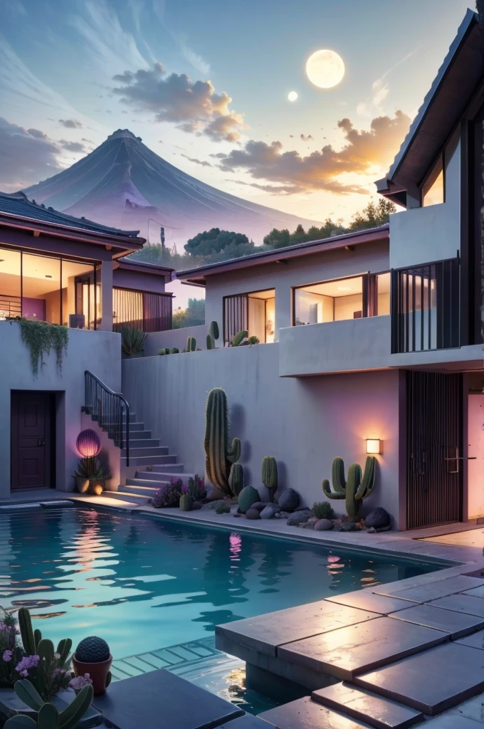 Multiple houses, brutalism style, Luis Barragán, Mountains in background, river, pool, terraces, stairs, garden terraces, trees, beautiful clouds, moon, sun, detailed, cacti, boulders, volcanic rocks, fuggy, river, lake, Violet, orange, olive green, blue, magenta, amazing volcano in horizont, beautiful garden design