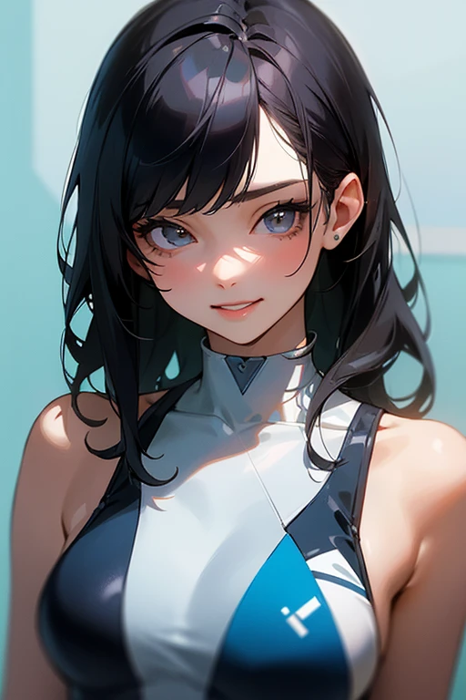 (Highest Resolution, clear_image) Highest quality, single, One woman, alone, masterpiece, Very detailed, Semi-realistic, Black Hairのショートヘア, Black Hair, bangs, 18-year-old, mature, Light blue , Indoor Background, kind, Authoritative, Powerful, exquisite features, exquisite features、Eyelashes become longer、Showing teeth、smile😀、(Swimwear)、woman'Fingers in the、(bikini)、