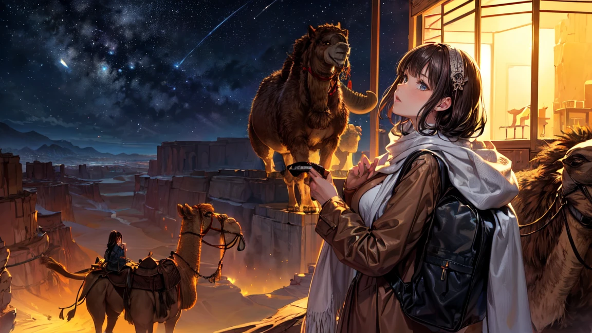 Only one female, (Resting with the camels), (looking up at the Night Sky), (Nomad:1.2) (Stylish clothing), (Wrap in a blanket), Mature Woman, /(Brown Hair/) bangs, (Masterpiece Top quality:1.2) Delicate illustrations, super detailed, Big Break (Realistic Camel) Sitting, squat, (REAK large backpack with souvenirs (Desert Canyon:1.2) Outdoor, (High cliffs:1.2), oasis, performer (Night Sky)