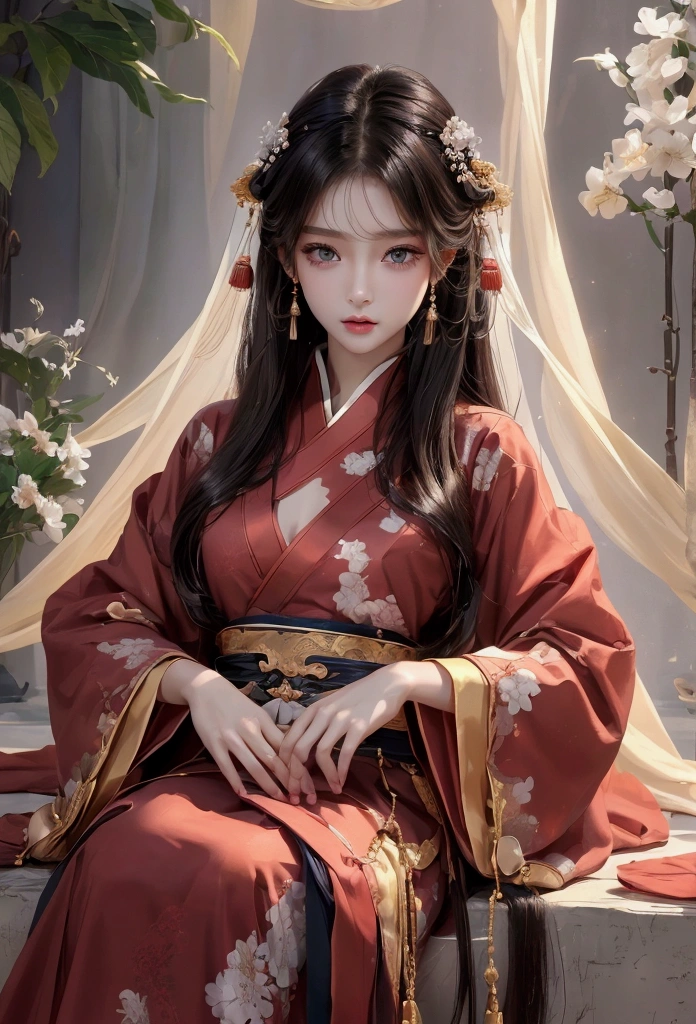 Best image quality、8k、masterpiece：1.3))、Realistic high-quality photos、Highest quality、 Beautiful face、Photos of slim models、Beautiful girl model、Young and pretty face、Beautiful model girl、A lovely and delicate face、Black Hair、Beautiful brown eyes、Young Body、Hanfu, (emphasize)、from the front、Camera gaze,、Anatomically correct、胸の谷間をemphasize、whole body、13-year-old female model