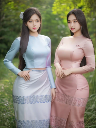 Three Myanmar girls compete with long hair and charismatic beauty owners / smiles, as well as /high hips/a few waists / traditional dresses Clean clothing/sealed silk reflected / decorated silk / artificial / clear maximum image/3D HD