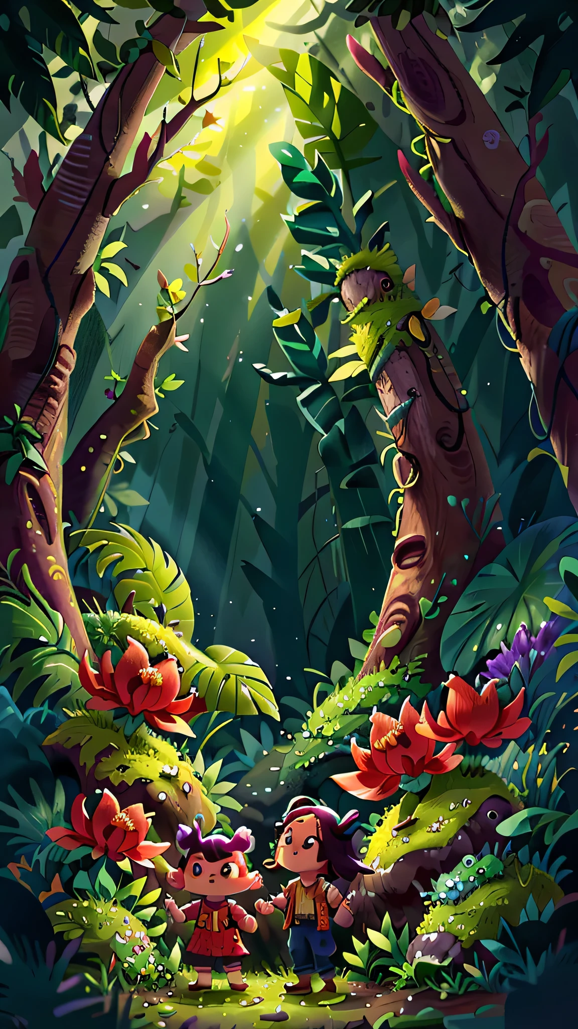 The brightly lit forest is full of orchids, walking