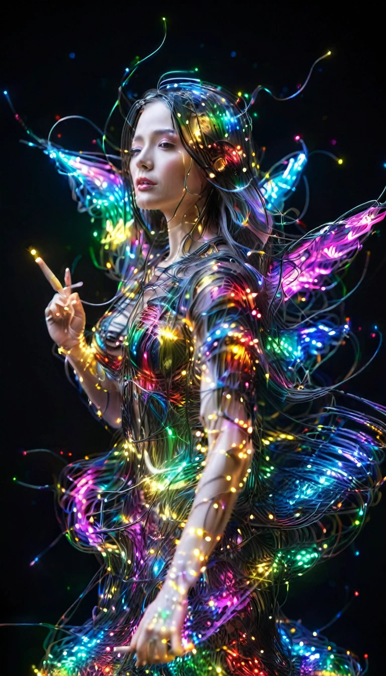 Ultra-Realistic Capture,18k,RAW Photos,Highest quality,masterpiece,reality,Very detailed,Very beautiful woman,Faces depicted in detail,Shiny skin,Automata,18-year-old ,Model body type,LED,Very long transparent dress made of light particles,Very detailedな電子機器の骨格,A lot of connecting lines,Rainbow colors,(Very long LED hair),Black background,Angel,Wings made of connecting wires,Raise the middle finger,stick out tongue,photo realistic,face close up,