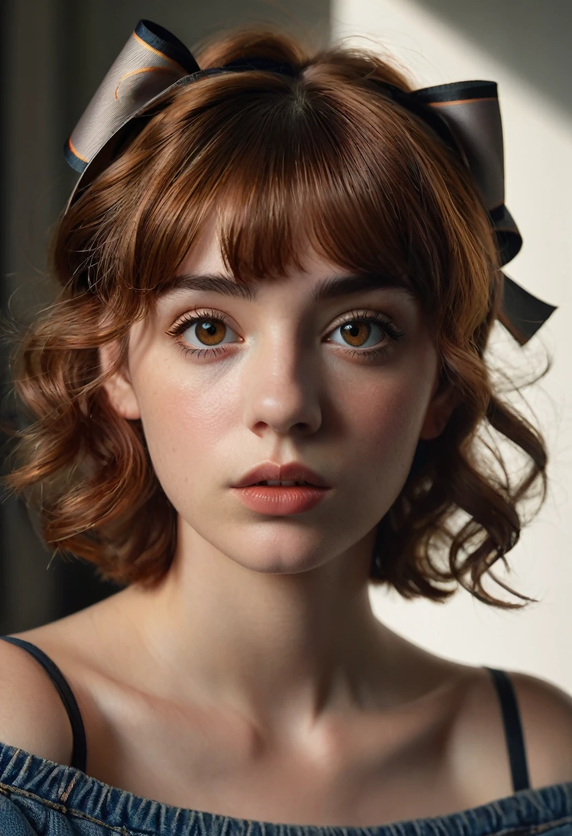 (best quality, 4k, highres, highres face details), illustration, style of Philip Lorca diCorcia, cinematic film still portrait of young girl aged 18 yrs old, 1girl, solo, Instagram model, athletic figure, perfect lips, modest bust size, deep cleavage, cute face, wearing an off the shoulder brown sweater, wearing jean shorts, red hair, short curly hair, crossed bangs, brown eyes, constricted pupils, hair ribbon, hoop earrings, cinematic lighting, Ultra-Wide Angle, Canon, Hyperrealism, UHD, masterpiece, textured skin, high details, best quality, detailed eyes, detailed iris