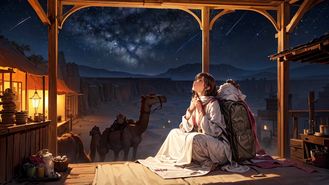 Only one female, (Resting with the camels), (looking up at the Night Sky), (Nomad:1.2) (Stylish clothing), (Wrap in a blanket), Mature Woman, /(Brown Hair/) bangs, (Masterpiece Top quality:1.2) Delicate illustrations, super detailed, Big Break (Realistic Camel) Sitting, squat, (REAK large backpack with souvenirs (Desert Canyon:1.2) Outdoor, (High cliffs:1.2), oasis, performer (Night Sky)