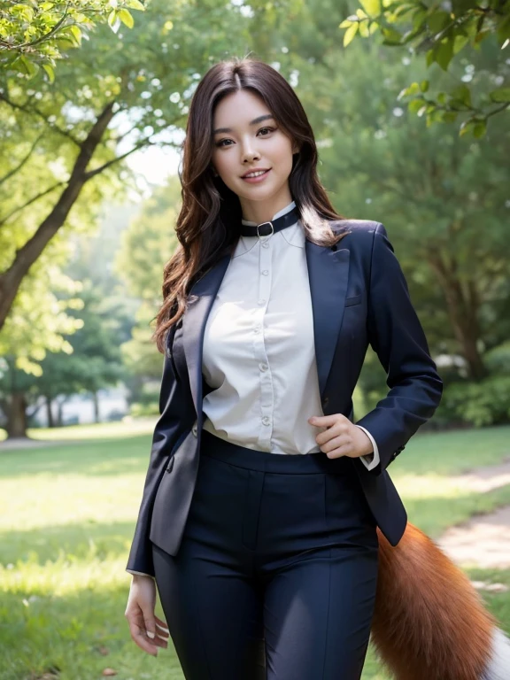 ((Highest quality, 8k)), ((masterpiece)), (Highest Resolution), Perfect Face, Fox Woman, Beautiful woman, public, Has one tail, She has thick thighs, a large tail, She has a red fox tail, She wags her tail, smile, fur collar, She is wearing a short business suit, Beautiful Hips, A tail sticking out from a hole in his pants